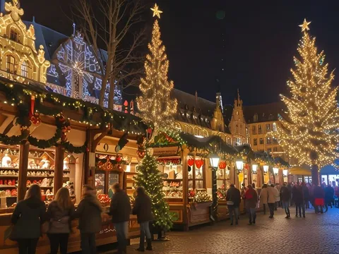 A festive Christmas market at night, lined with lit trees